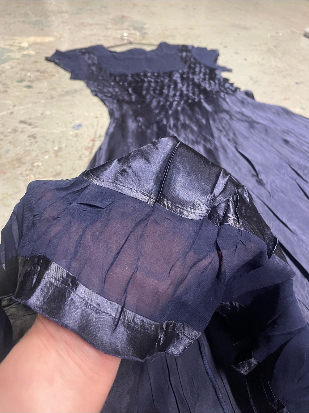 Vintage 90s Expo New York Navy Crinkle Satin Smocked Mini Dress Size L - Picture 8 of 9